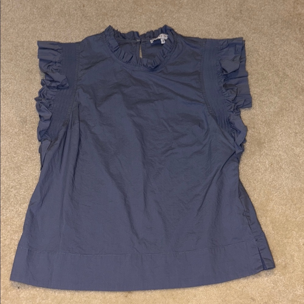 English Factory Blue Ruffled Mandarin Collar Blouse